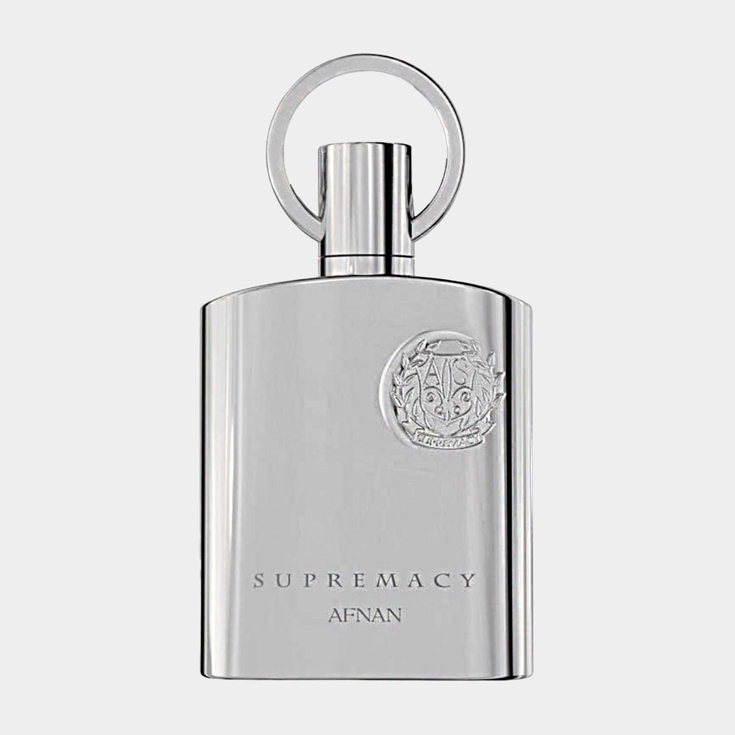 Afnan Perfumes Silver Supremacy Sample is a sleek, silver fragrance bottle featuring an elegant design and a circular cap, showcasing luxury and sophistication.