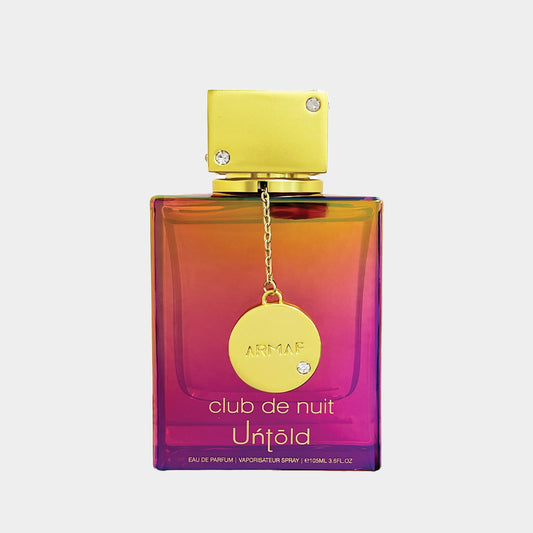 Armaf Club De Nuit Untold Sample is een kleurrijke parfumfles met een gouden dop en een elegante uitstraling, perfect voor liefhebbers van luxe geur.