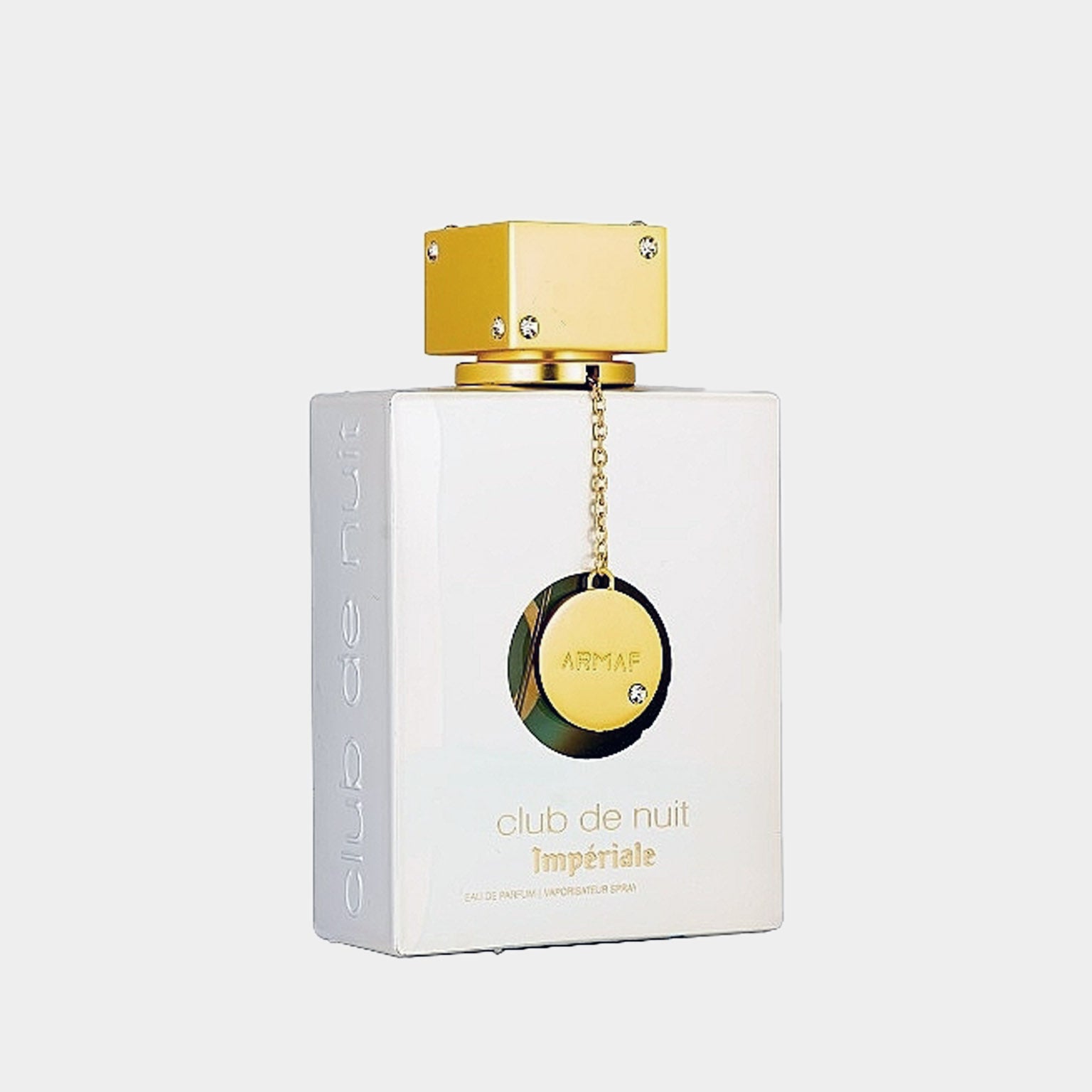 Sample van Armaf Club De Nuit White Imperiale, een elegante witte parfumflacon met gouden accenten en een opvallende hangende ketting.