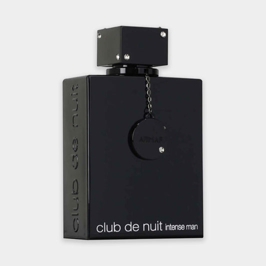 Armaf Club de Nuit Intense Man EDP Sample in een elegante zwarte flacon met een minimalistisch ontwerp en een ketting detail.