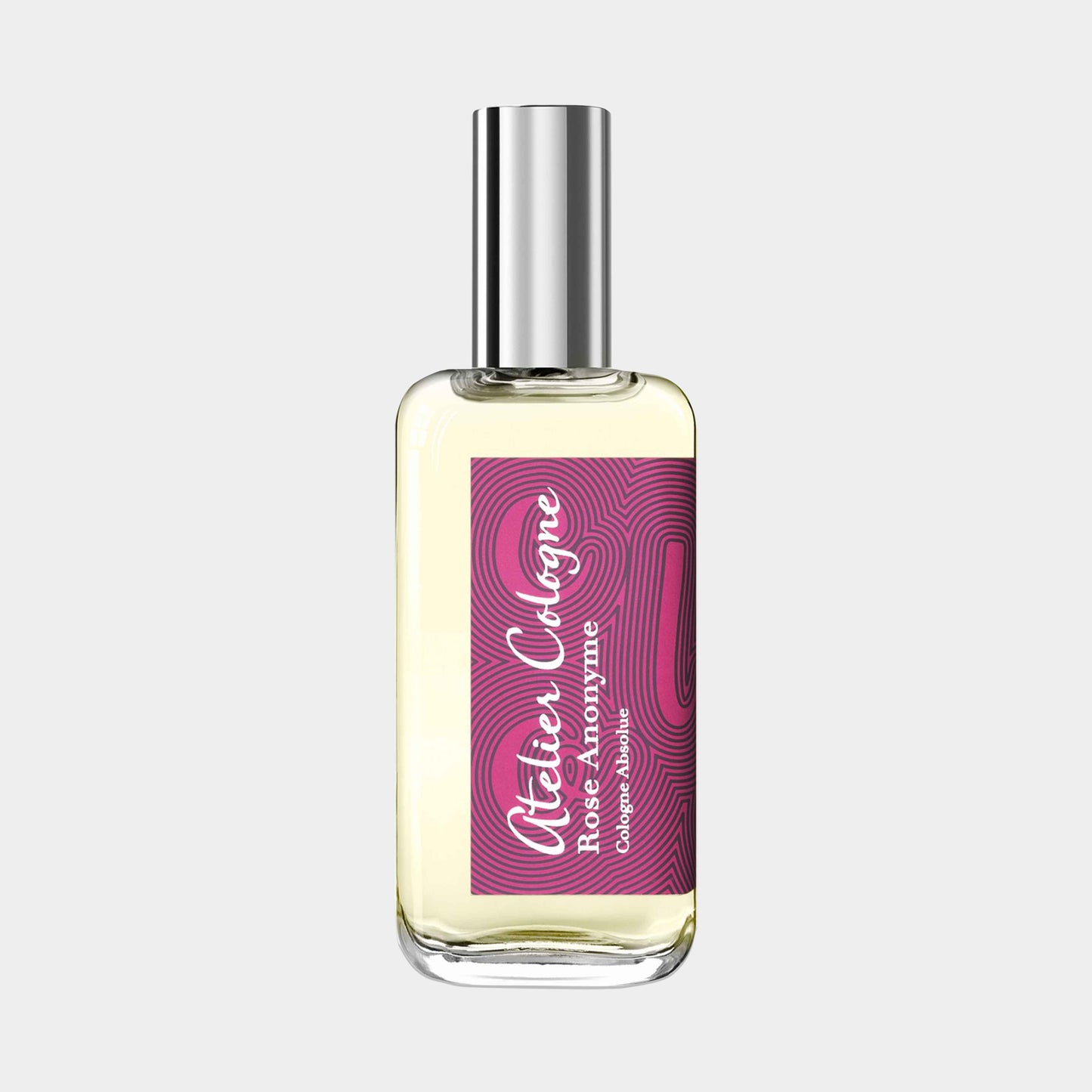 Atelier Cologne Rose Anonyme Sample in a glass bottle with a vibrant pink label, showcasing a floral and woody fragrance.
