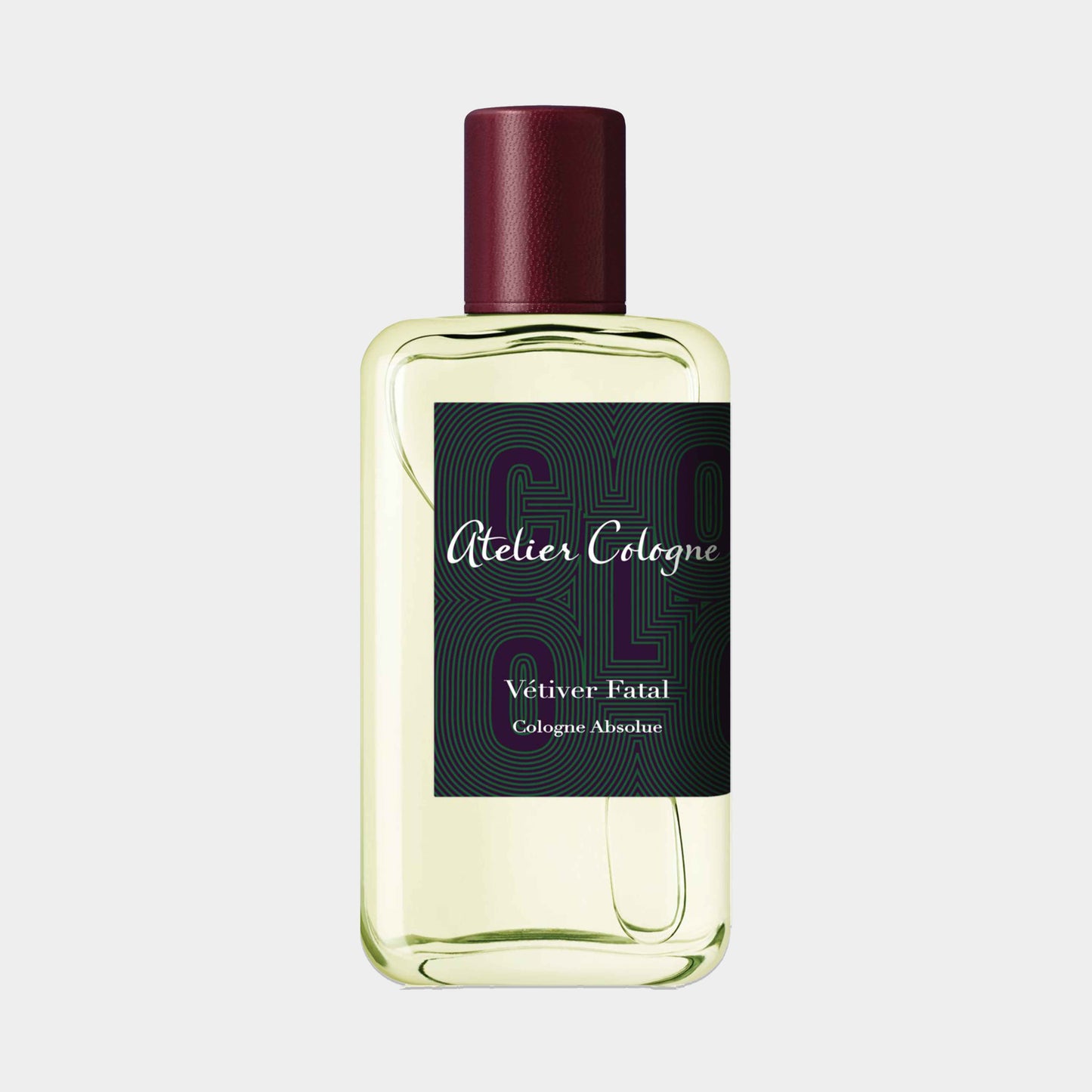 Atelier Cologne Vetiver Fatal Sample, een verfijnde cologne met een elegante groene flacon en een donkere labelontwerp.