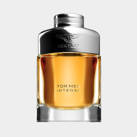 Sample van Bentley for Men Intense, een luxe herenparfum met een elegante glazen flacon en een opvallende zilveren dop.