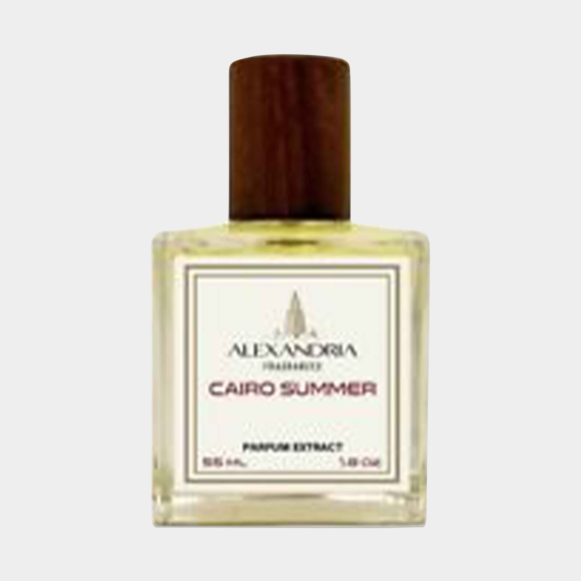 Flesje van de Alexandria Fragrances Cairo Summer Sample, met een houten dop en een label dat de parfumextract inhoud van 55 ml aangeeft.