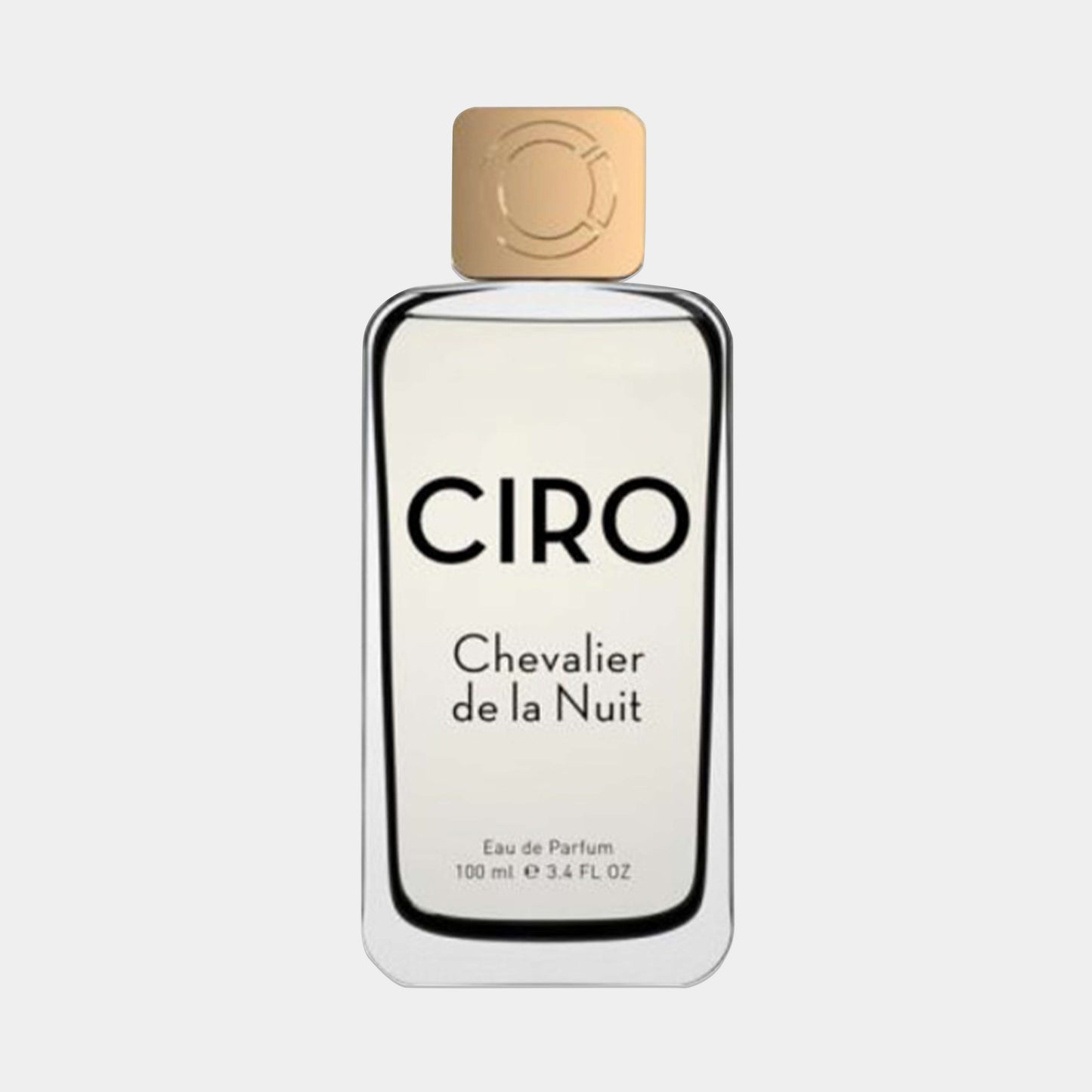 Flesje Ciro Chevalier de la Nuit Sample, een elegante eau de parfum van 100 ml met een minimalistisch ontwerp en gouden dop.