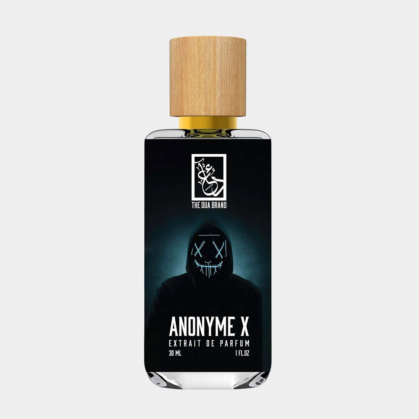 Flesje Dua Anonyme X Sample met een zwarte achtergrond en een houten dop, bevat 30 ml extrait de parfum.