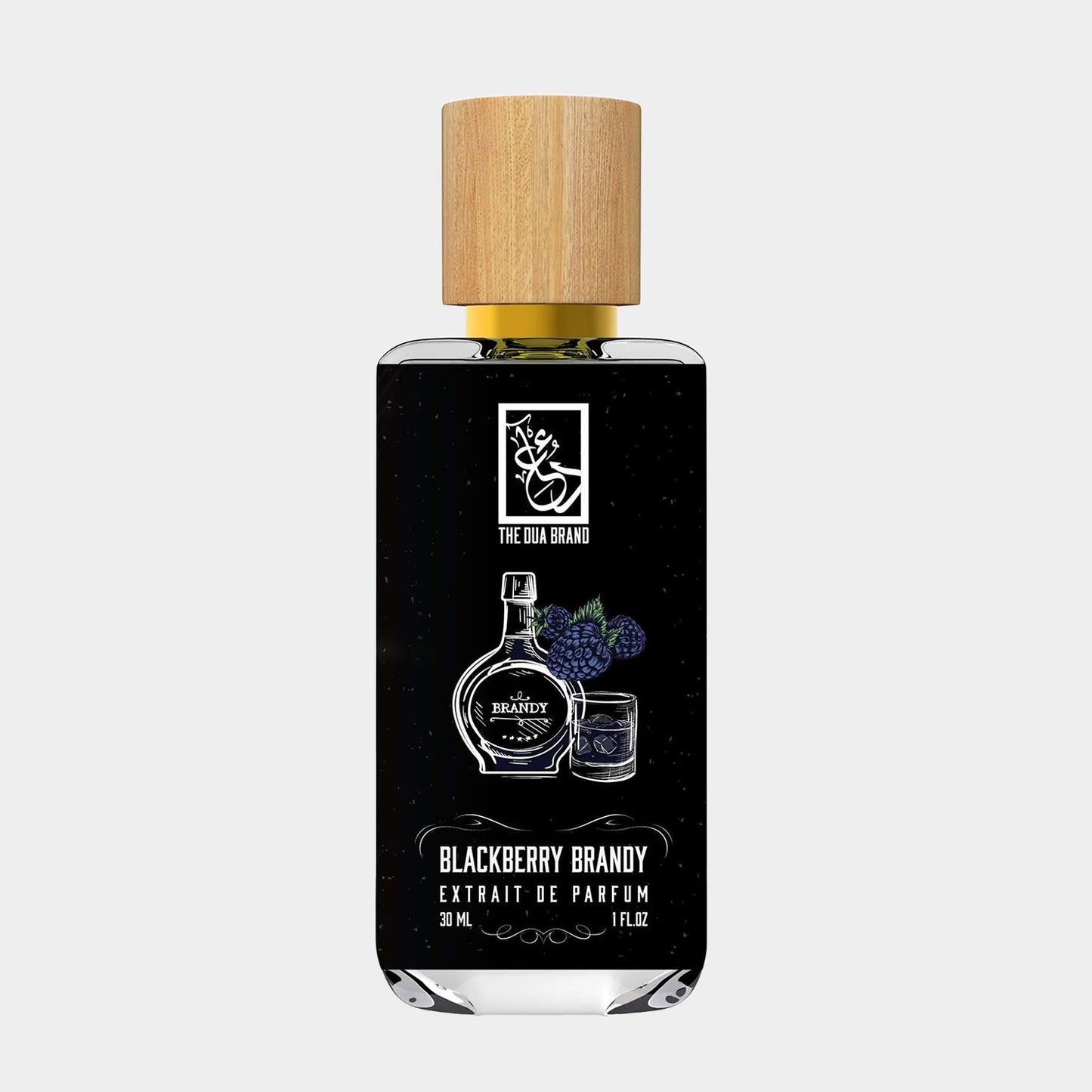 Dua Blackberry Brandy Sample, een 30 ml flesje parfum met een elegante verpakking en een houten dop, geïnspireerd op de geur van zwartbessen en brandy.