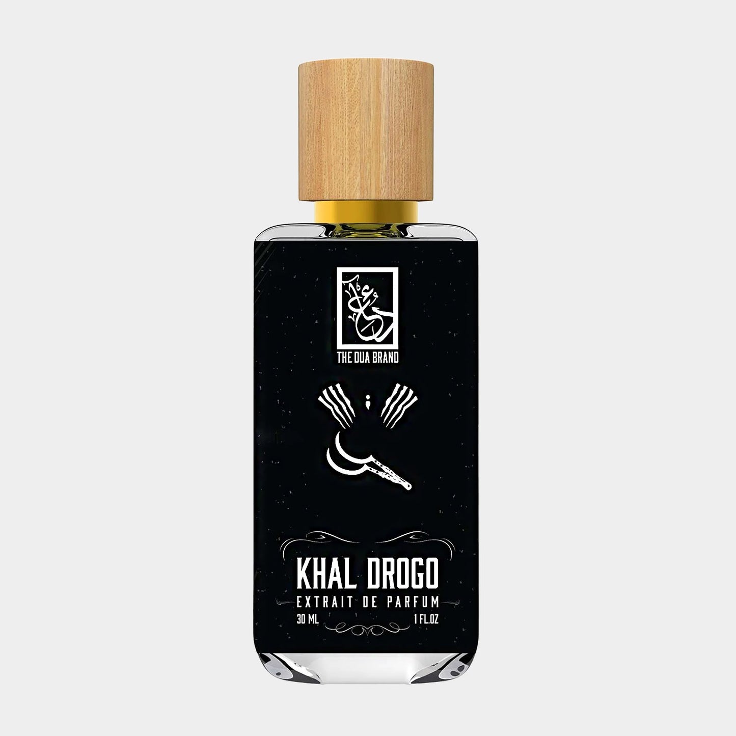 Dua Khal Drogo Sample, een 30 ml parfumfles met een elegant design en een houten dop, geïnspireerd door de krachtige aromas van Khal Drogo.