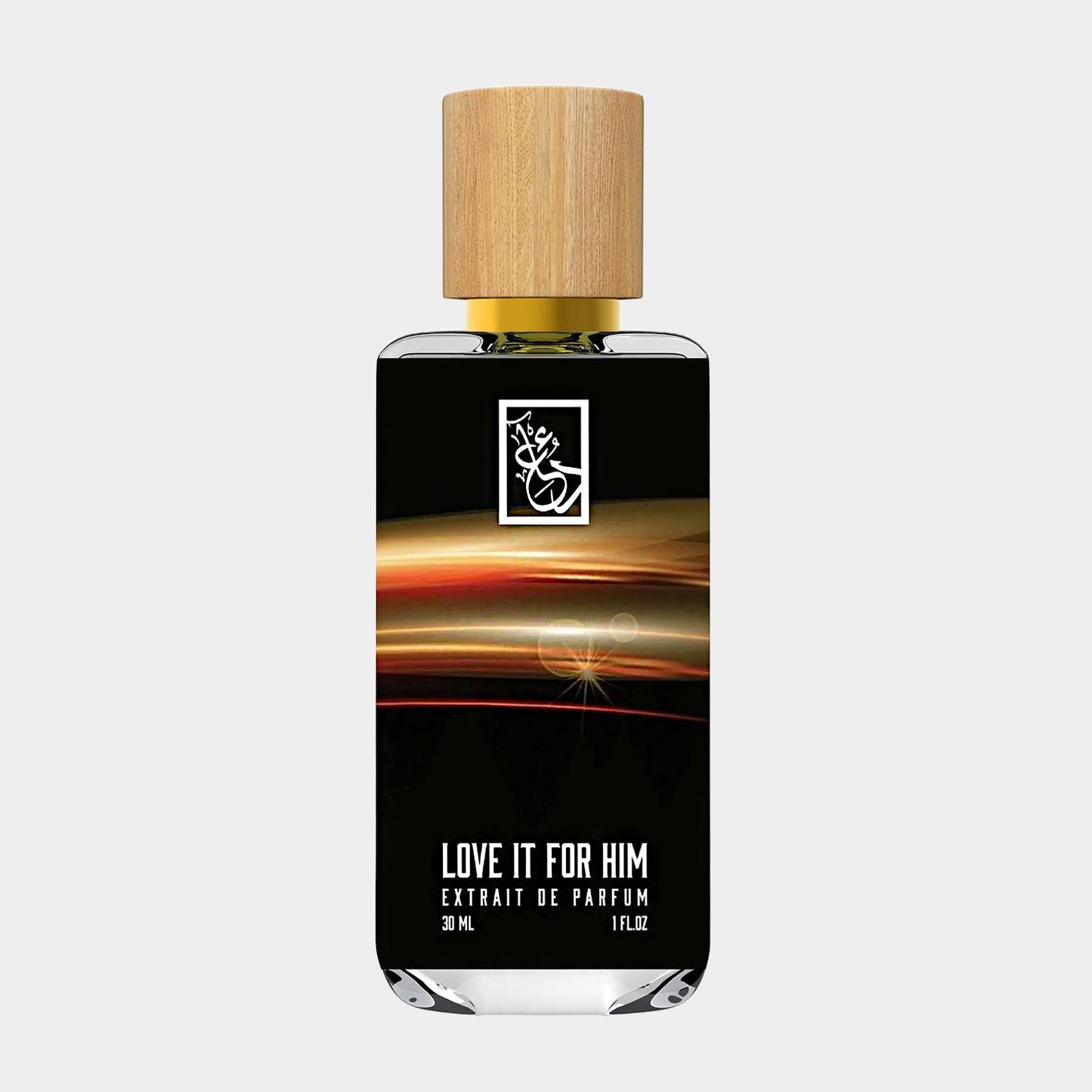 Dua Love It for Him Sample, een 30 ml Extrait de Parfum verpakt in een elegant flesje met een houten dop.