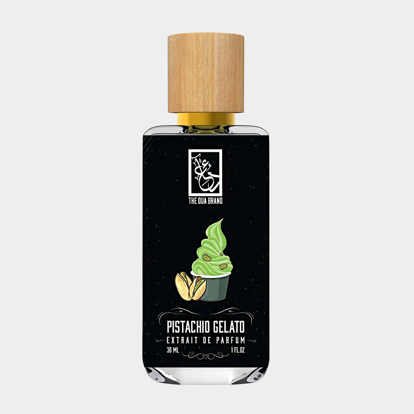 Dua Pistachio Gelato Sample - een parfumflesje met een afbeelding van pistache-ijs, verpakt in een elegant ontwerp met een houten dop.