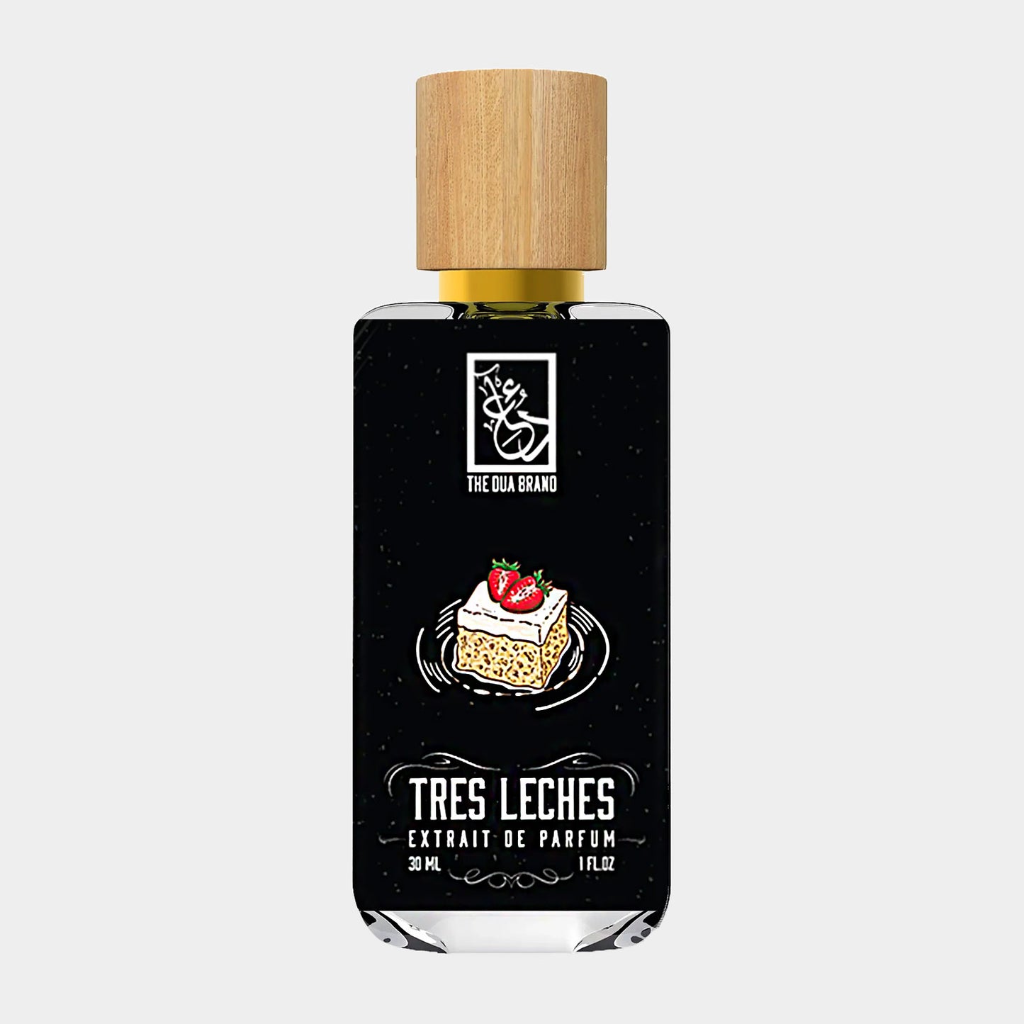 Alt tag in Dutch: Dua Tres Leches Sample, een parfumflacon van 30 ml met een houten dop, afgebeeld met een afbeelding van een cake met aardbeien op de verpakking.