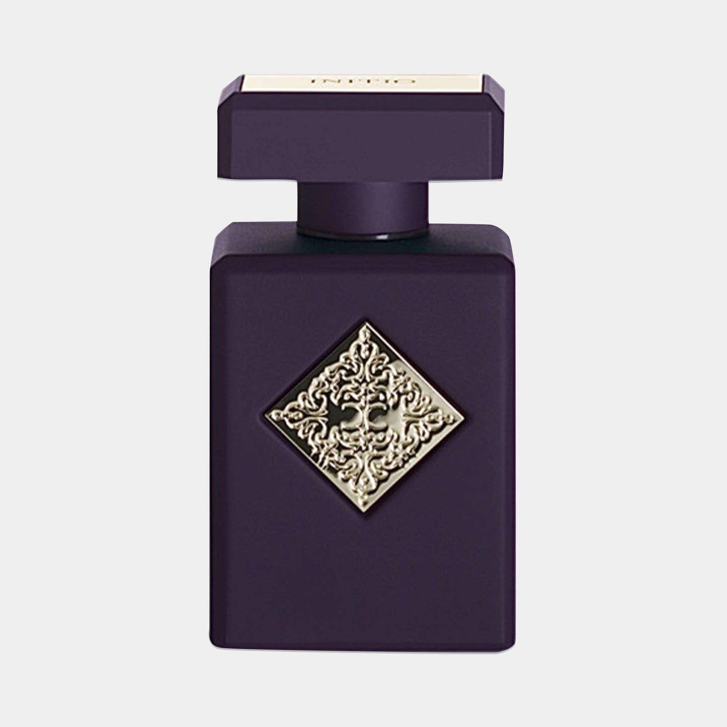 Initio Side Effect Sample - Een luxe paarse parfumfles met een sierlijk gouden detail op de voorkant, perfect voor het uitproberen van deze unieke geur.