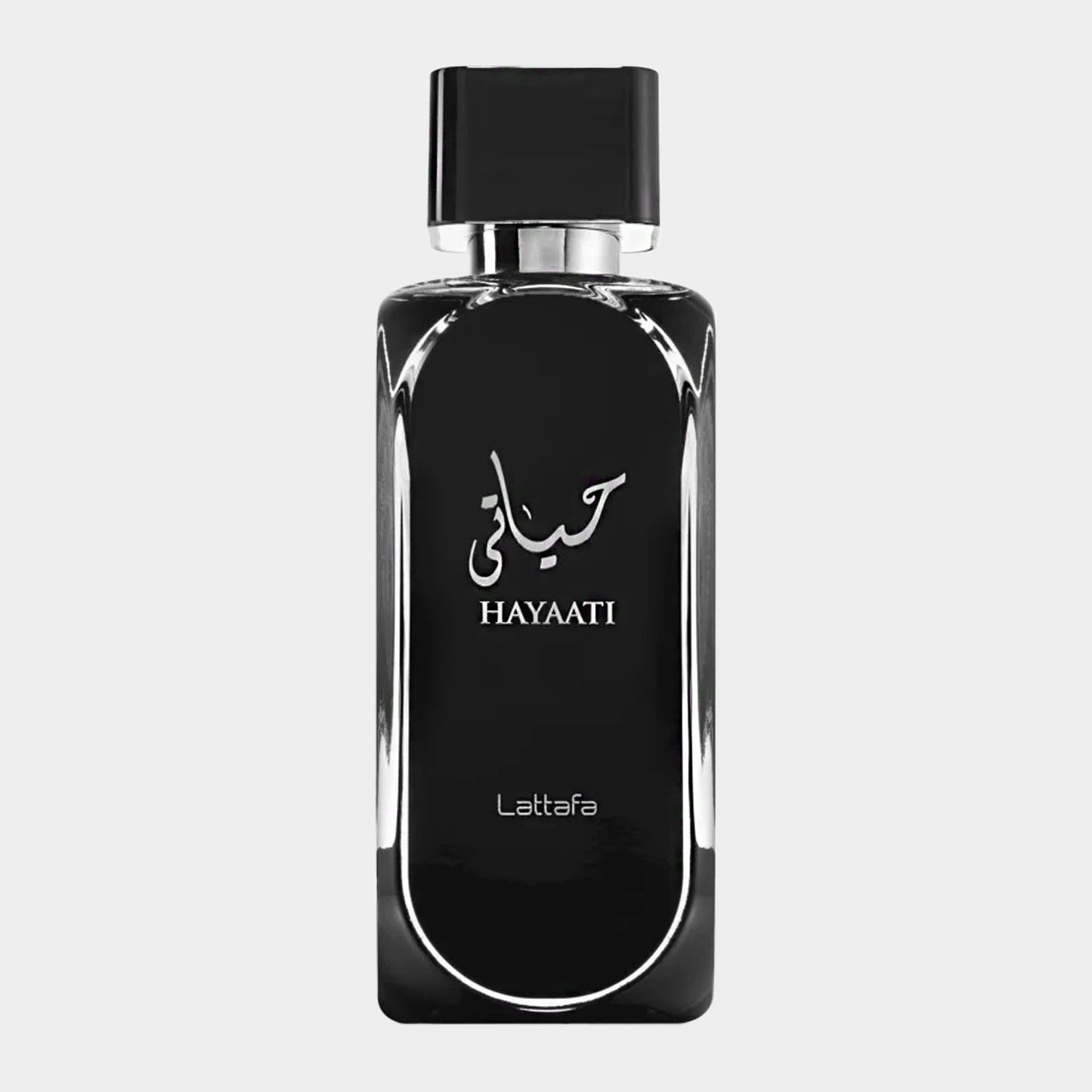 Lattafa Perfumes Hayaati Sample, een elegante flacon met een gesofisticeerde zwarte uitstraling en Arabische schrift op de voorkant.