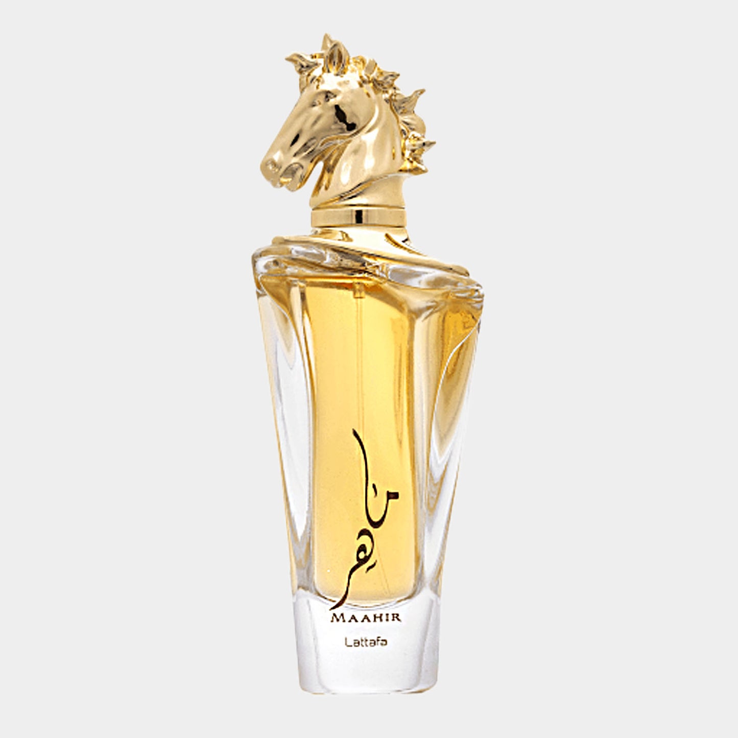Lattafa Perfumes Maahir Sample, een elegante parfumfles met een gouden paardenkop als dop, gevuld met een warme geur.
