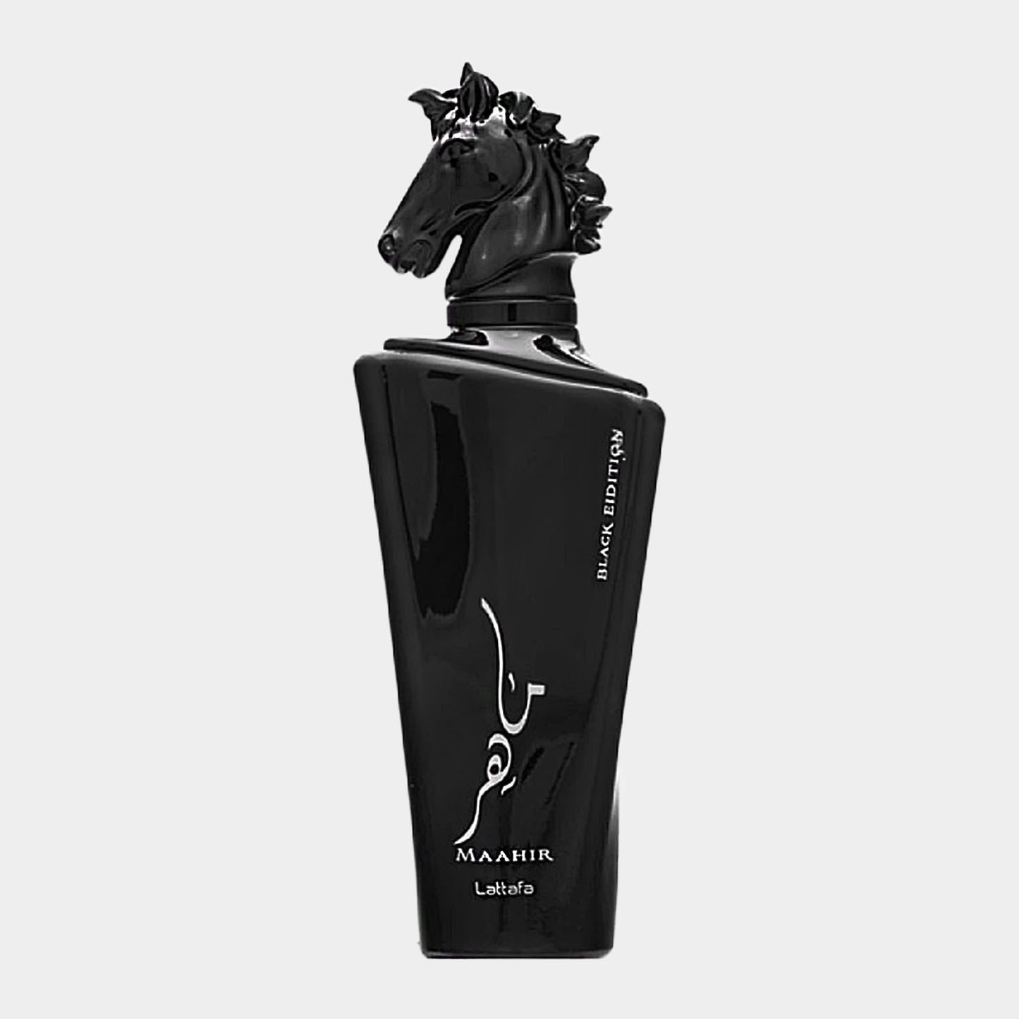 Lattafa Perfumes Maahir Black Edition Sample in a sleek black bottle featuring a distinctive horse head cap, offering a luxurious fragrance experience.