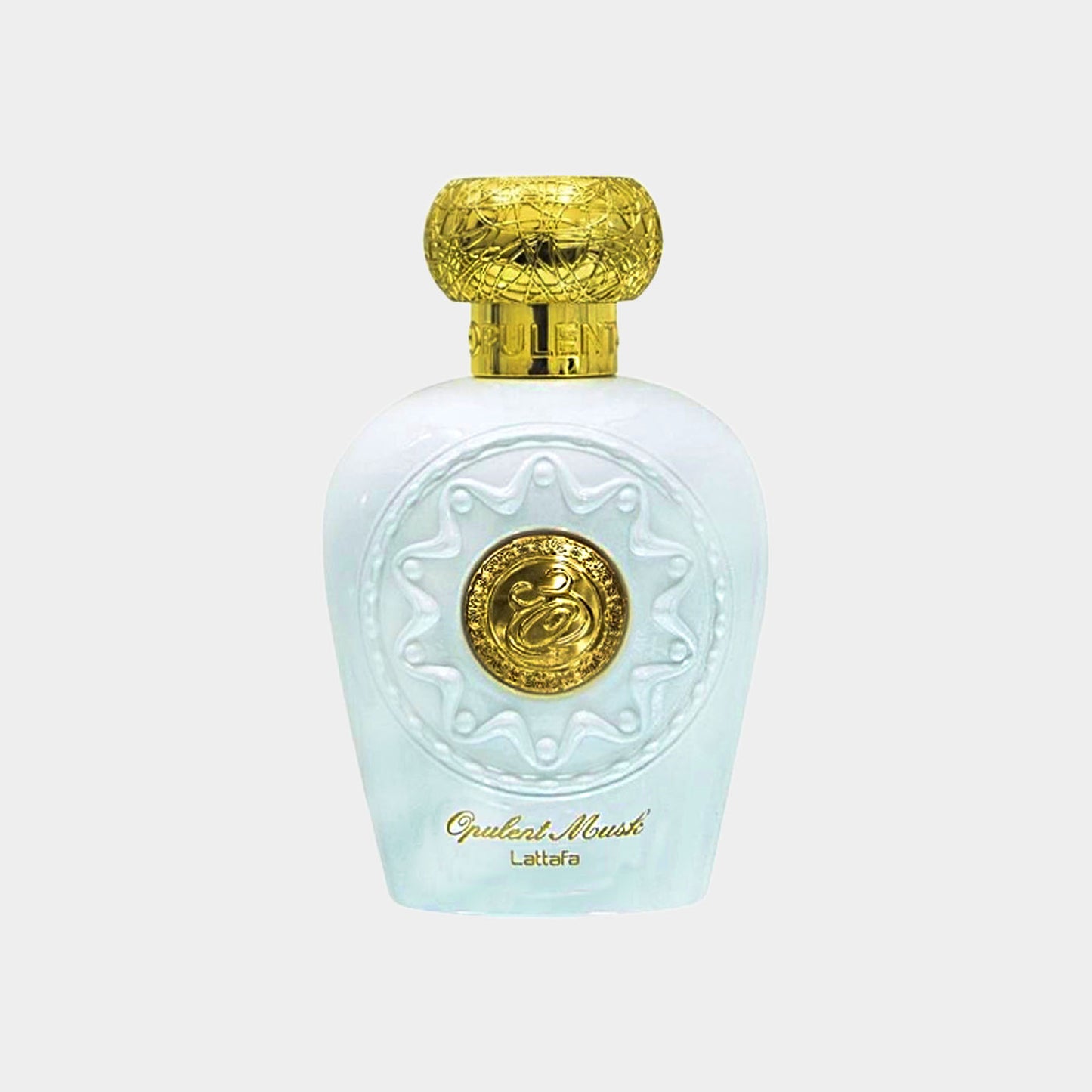 Lattafa Perfumes Opulent Musk Sample, een elegant parfum met een luxe ontwerp, gekenmerkt door een gouden dop en een verfijnde fles met een opvallende zonvorm.