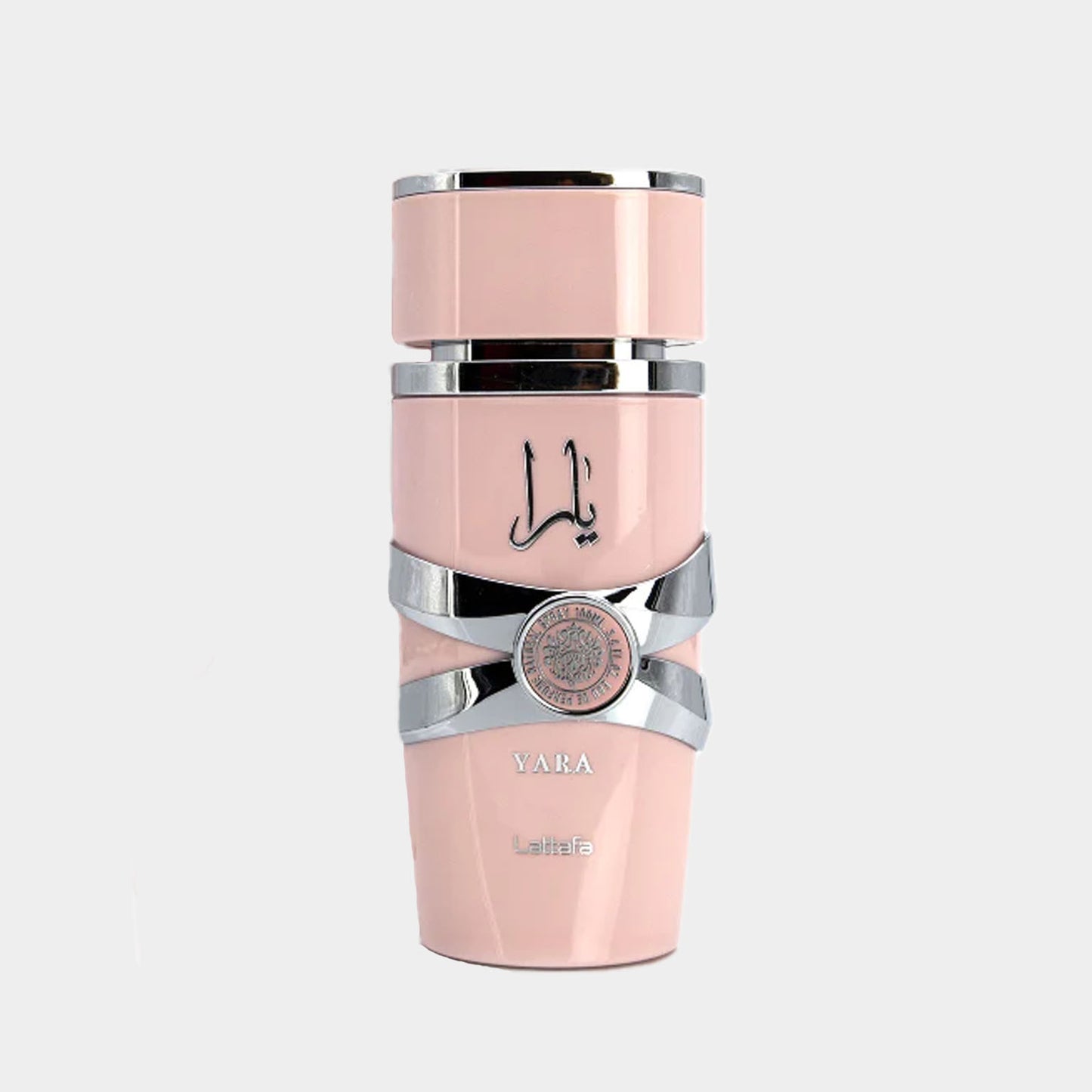Lattafa Perfumes Yara Sample, een elegant geurmonster verpakt in een stijlvolle, lichtroze flacon met zilveren accenten.