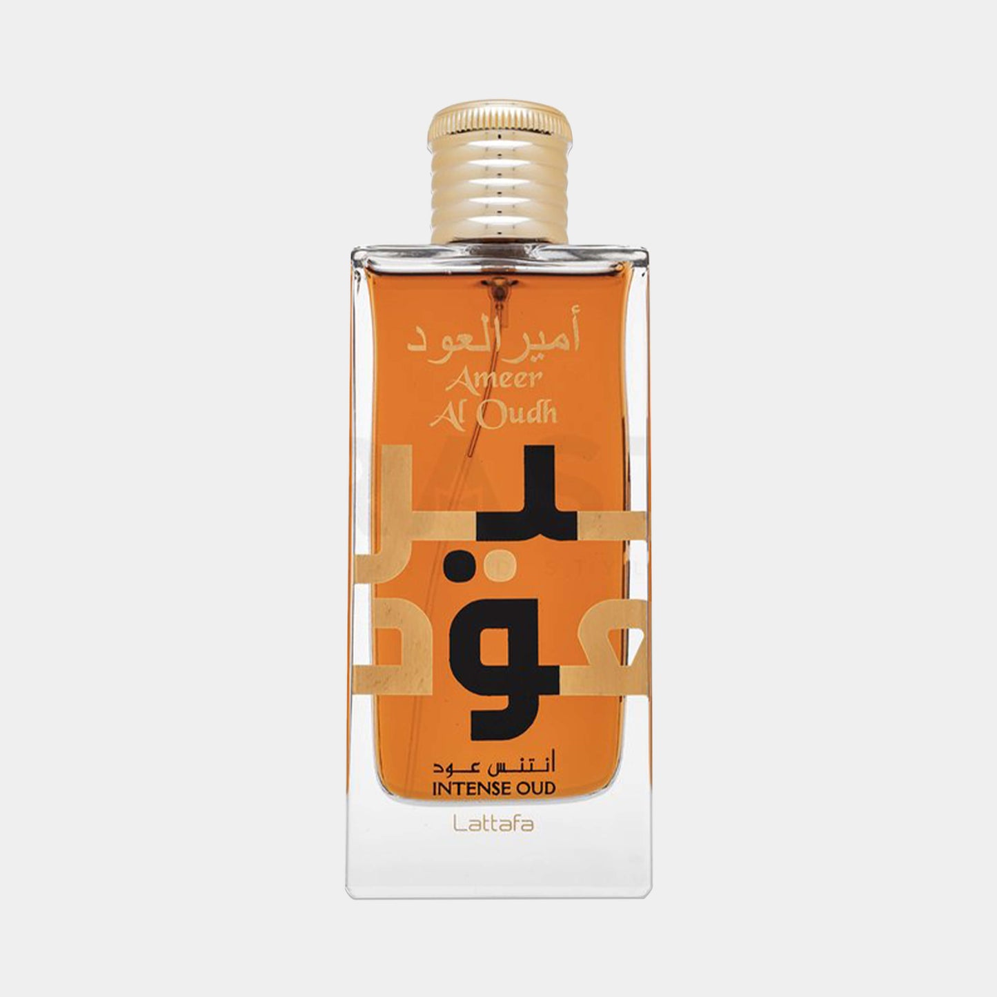 Lattafa Perfumes Ameer Al Oudh Intense Oud Sample, een luxe geur met een verfijnde combinatie van intensieve houtnoten, verpakt in een elegant glazen flesje.