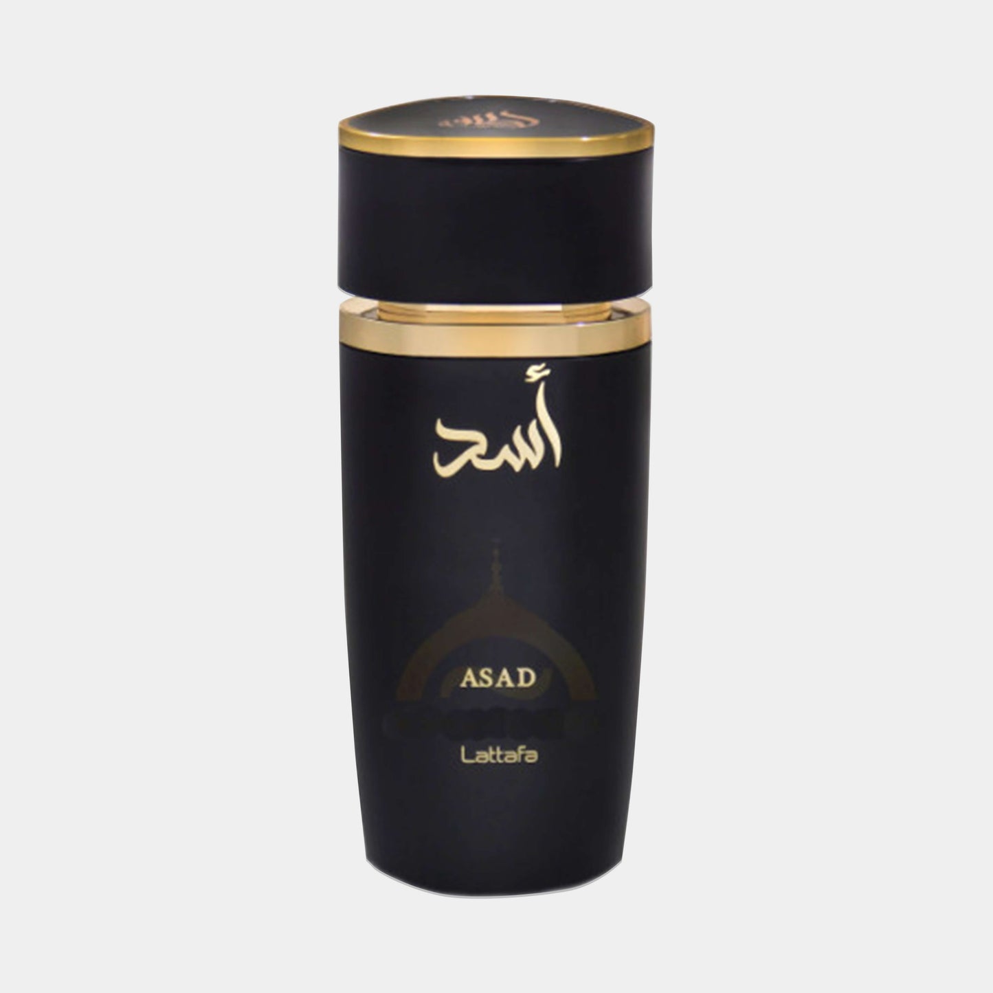 Lattafa Perfumes Asad Sample, a sleek black bottle with elegant gold accents, offering a luxurious fragrance experience.