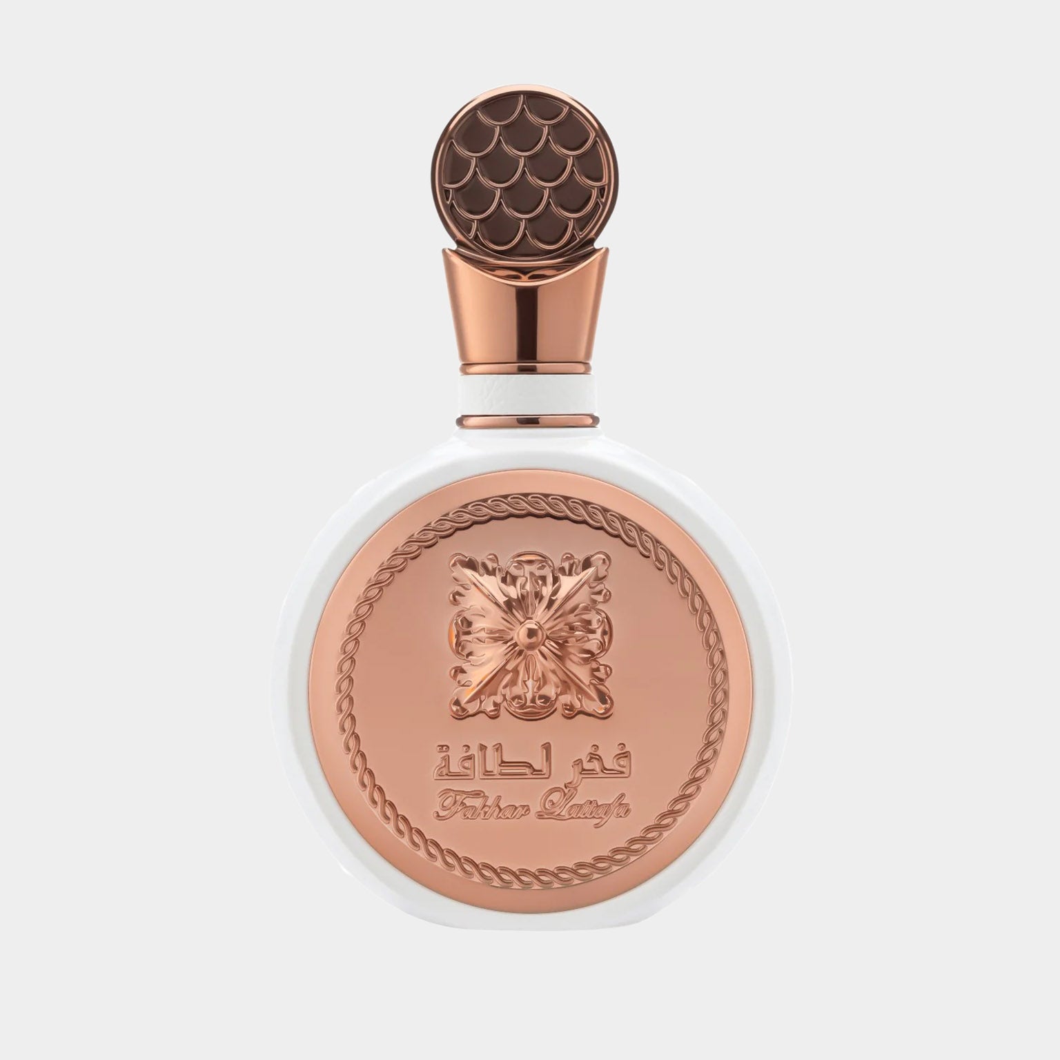 Sample van Lattafa Perfumes Fakhar Rose, gepresenteerd in een elegante flacon met een opvallende gouden en witte afwerking.