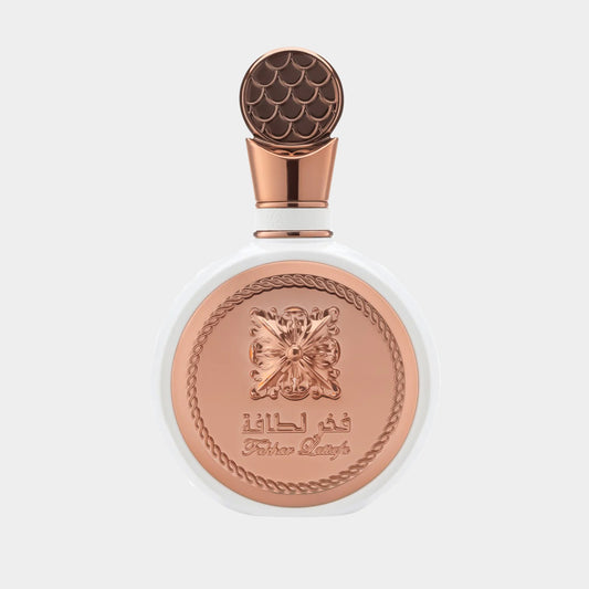Sample van Lattafa Perfumes Fakhar Rose, gepresenteerd in een elegante flacon met een opvallende gouden en witte afwerking.