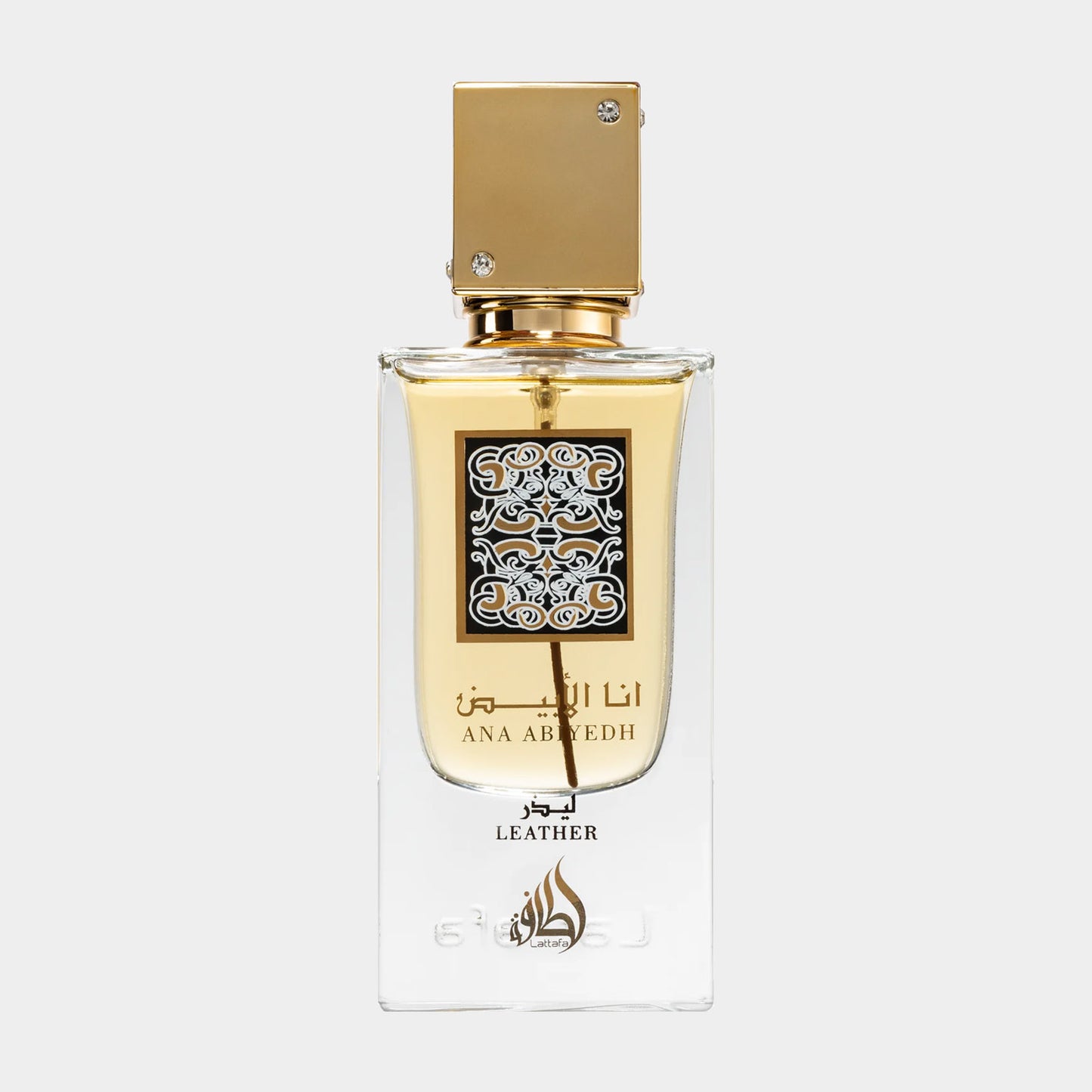 Lattafa Perfumes Ana Abiyedh Leather sample, presented in an elegant glass bottle with a gold cap, showcasing a luxurious fragrance inspired by leather.
