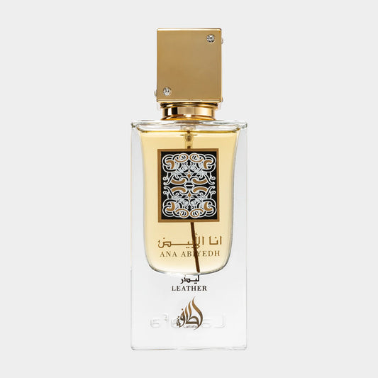 Lattafa Perfumes Ana Abiyedh Leather sample, presented in an elegant glass bottle with a gold cap, showcasing a luxurious fragrance inspired by leather.