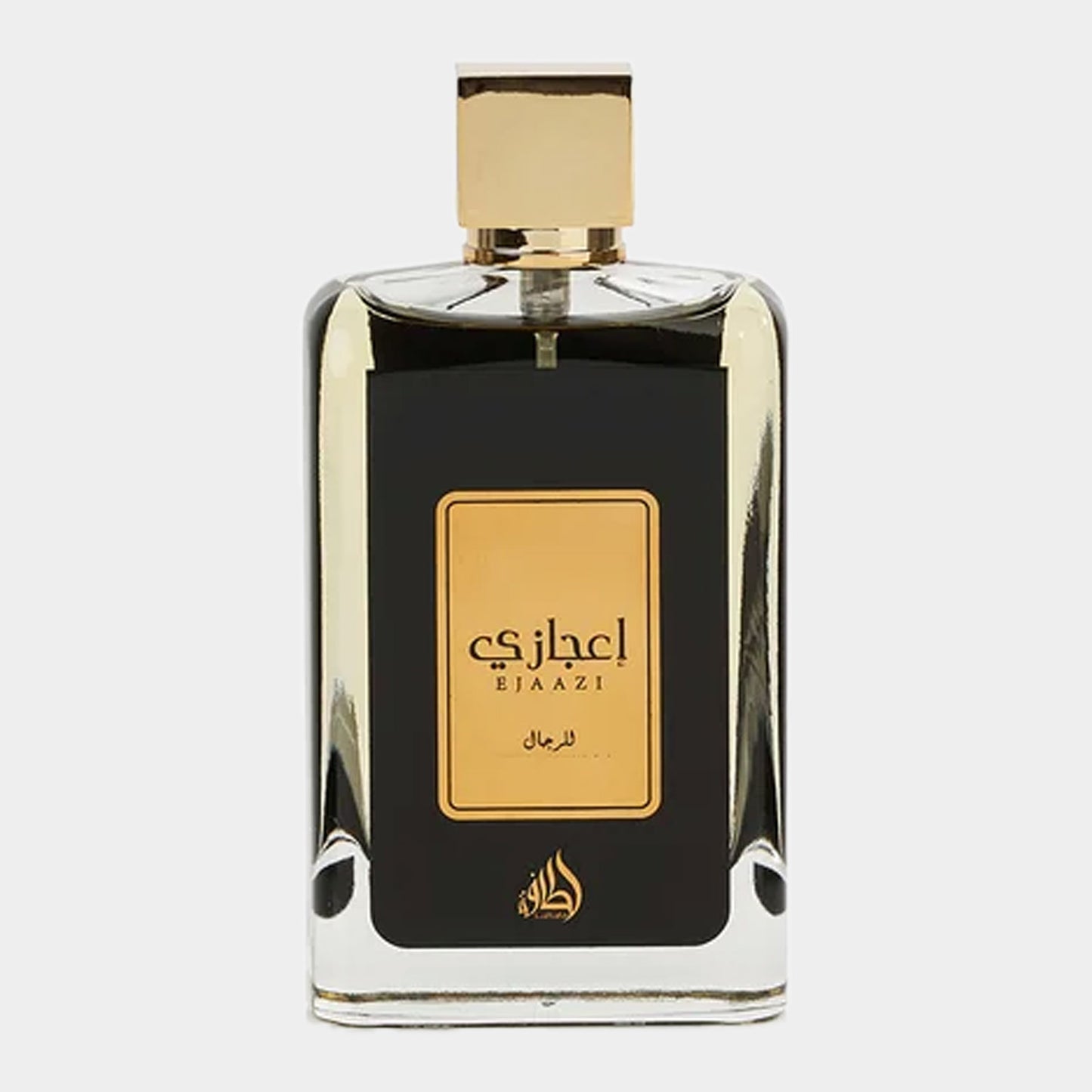 Lattafa Perfumes Ejaazi Sample in a stylish glass bottle with a gold cap and a black label featuring Arabic text.