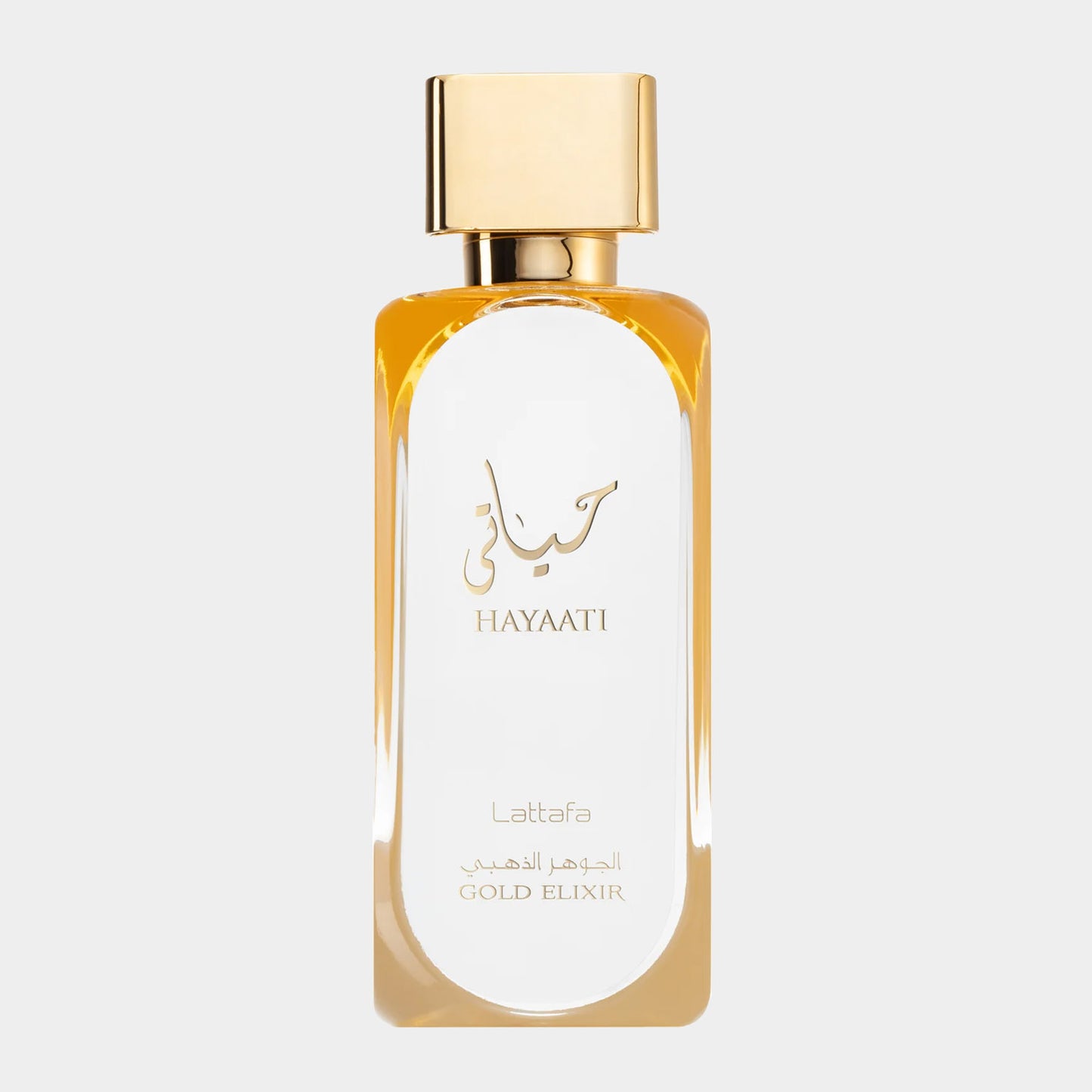 Sample van Lattafa Perfumes Hayaati Gold Elixir, een elegante geur in een verfijnde fles met gouden details.