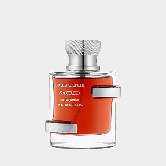 Een elegant flacon van de Louis Cardin Sacred sample, met een heldere rode geur en een moderne dop. De verpakking toont de verfijning en luxe van deze eau de parfum.