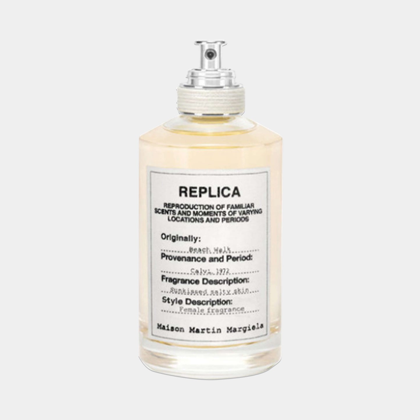 Maison Martin Margiela Replica Beach Walk Sample, een parfum dat de geur van zon en zee vastlegt met een frisse citrusnoten en zachte bloemige accenten.