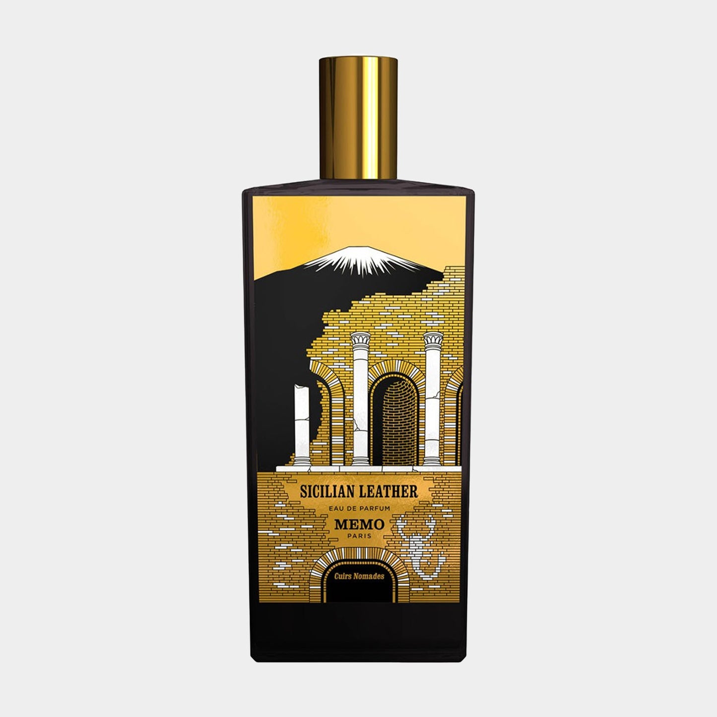 Memo Paris Sicilian Leather sample, a perfume featuring a striking black bottle with golden accents and an illustration of an iconic Sicilian landscape.