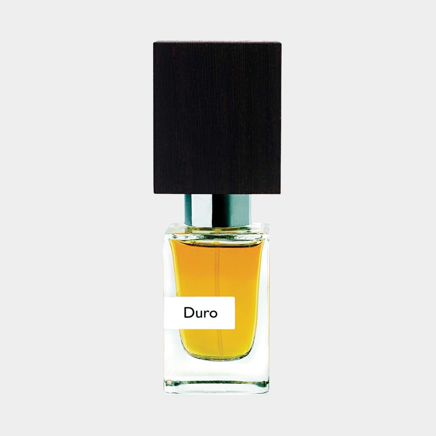 Klein proefmonster van Nasomatto Duro EXDP, met een elegante glazen fles en een donker houten dop. De amberkleurige geur straalt luxe en verfijning uit.