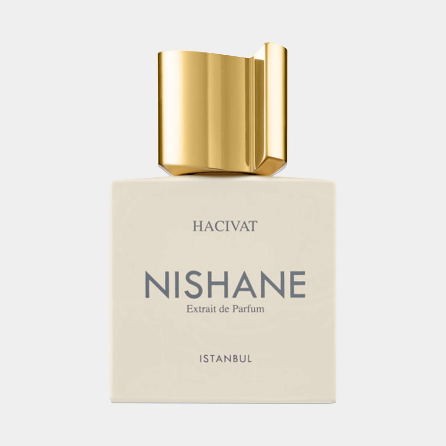 Nishane Hacivat EXDP Sample, een elegant parfum in een stijlvolle flacon met een gouden dop, staat centraal op een lichte achtergrond.