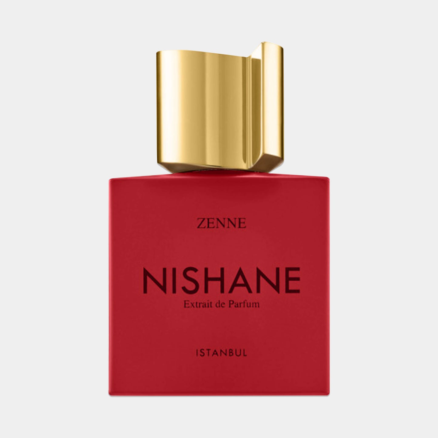 Nishane Zenne EXDP Sample, een geur in een opvallende rode fles met een gouden dop, vertegenwoordigt een luxe parfumervaring uit Istanbul.
