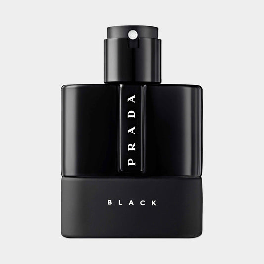 Prada Luna Rossa Black Sample - een elegante, zwarte parfumfles met de naam PRADA en BLACK in witte letters op de voorkant.