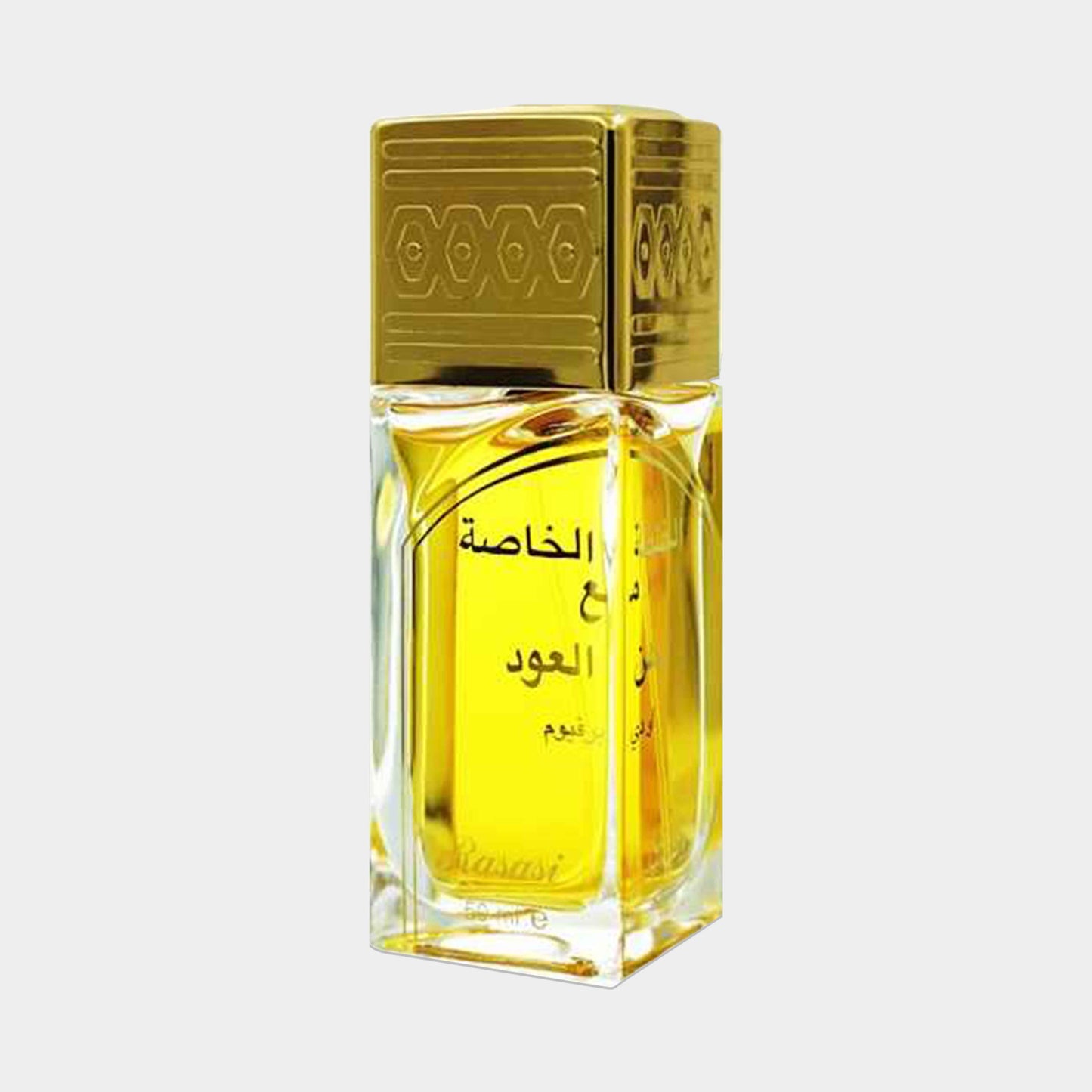 Rasasi Dhan Al Oudh Khaltat Al Khasa Sample - een elegante parfumfles met gouden dop, gevuld met een luxe, geurige olie.