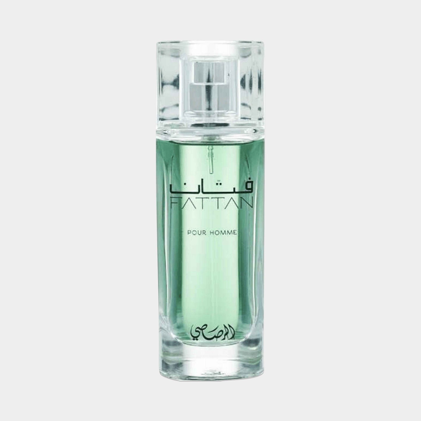 Sample van Rasasi Fattan, een elegante mannenparfum in een transparante fles met een frisse groene vloeistof. Perfect voor mannen die op zoek zijn naar een onderscheidende geur.