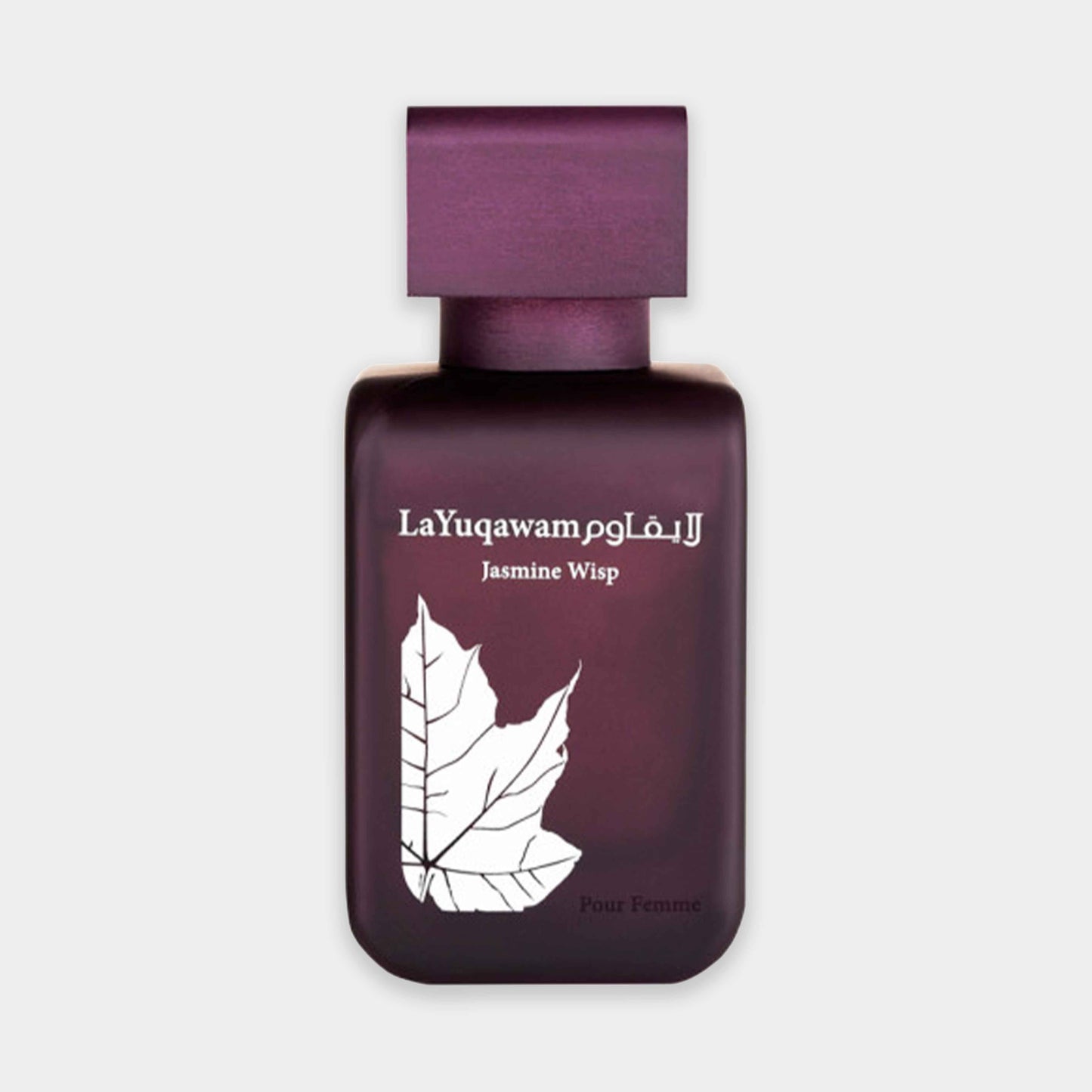 Rasasi La Yuqawam Jasmin Wisp Sample, een elegant parfum voor vrouwen in een stijlvolle flacon met een diep paarse kleur en een verfijnde blaadjesillustratie.