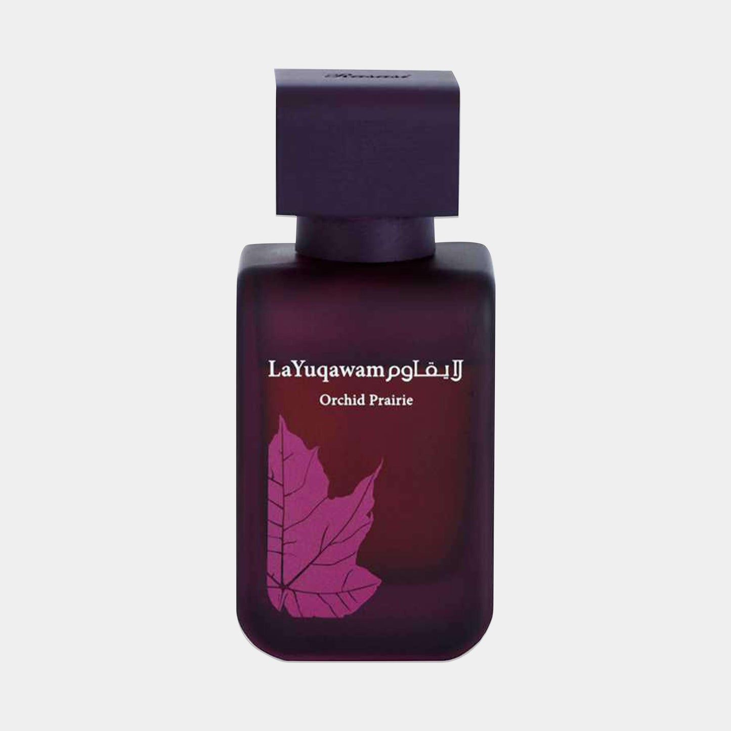 Rasasi La Yuqawam Orchid Prairie sample, een elegante geur in een diep paarse flacon met een opvallende bladerenprint.