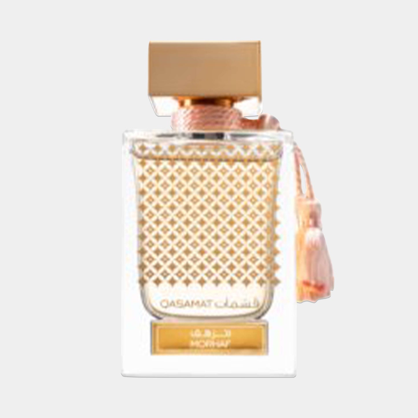 Rasasi Qasamat Morhaf Sample, een stijlvolle parfumfles met een gouden dop en een decoratieve kwast, biedt een luxe geurbeleving.