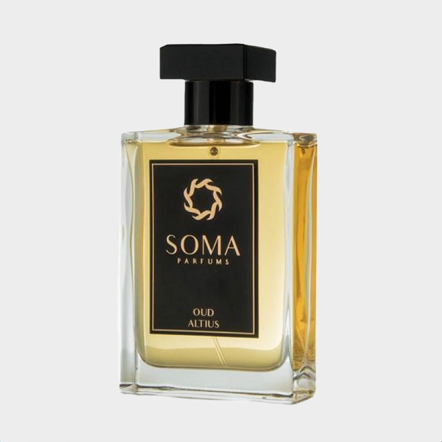 Sample van Soma Parfums Oud Altius, een luxe geur in een elegant glazen fles met een zwarte dop.