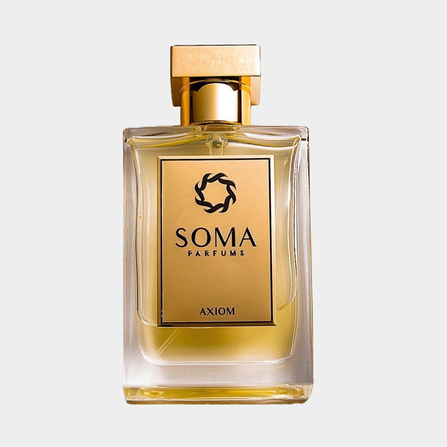 Soma Parfums Axiom sampleflacon met een elegant ontwerp en gouden details, gevuld met een luxe geur.