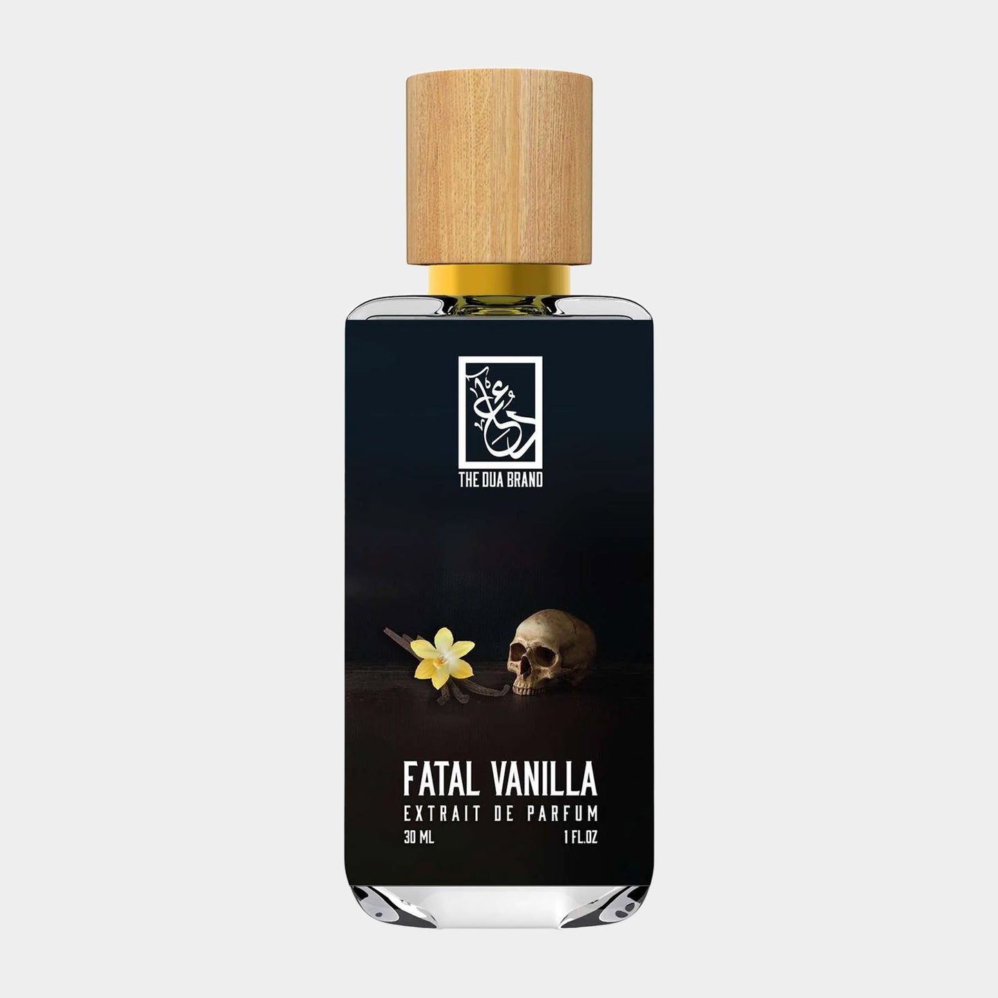 Dua Fatal Vanilla Sample, een 30 ml parfumflacon met een elegante houten dop, uitgerust met een afbeelding van een vanillebloem en een schedel op een donkere achtergrond.