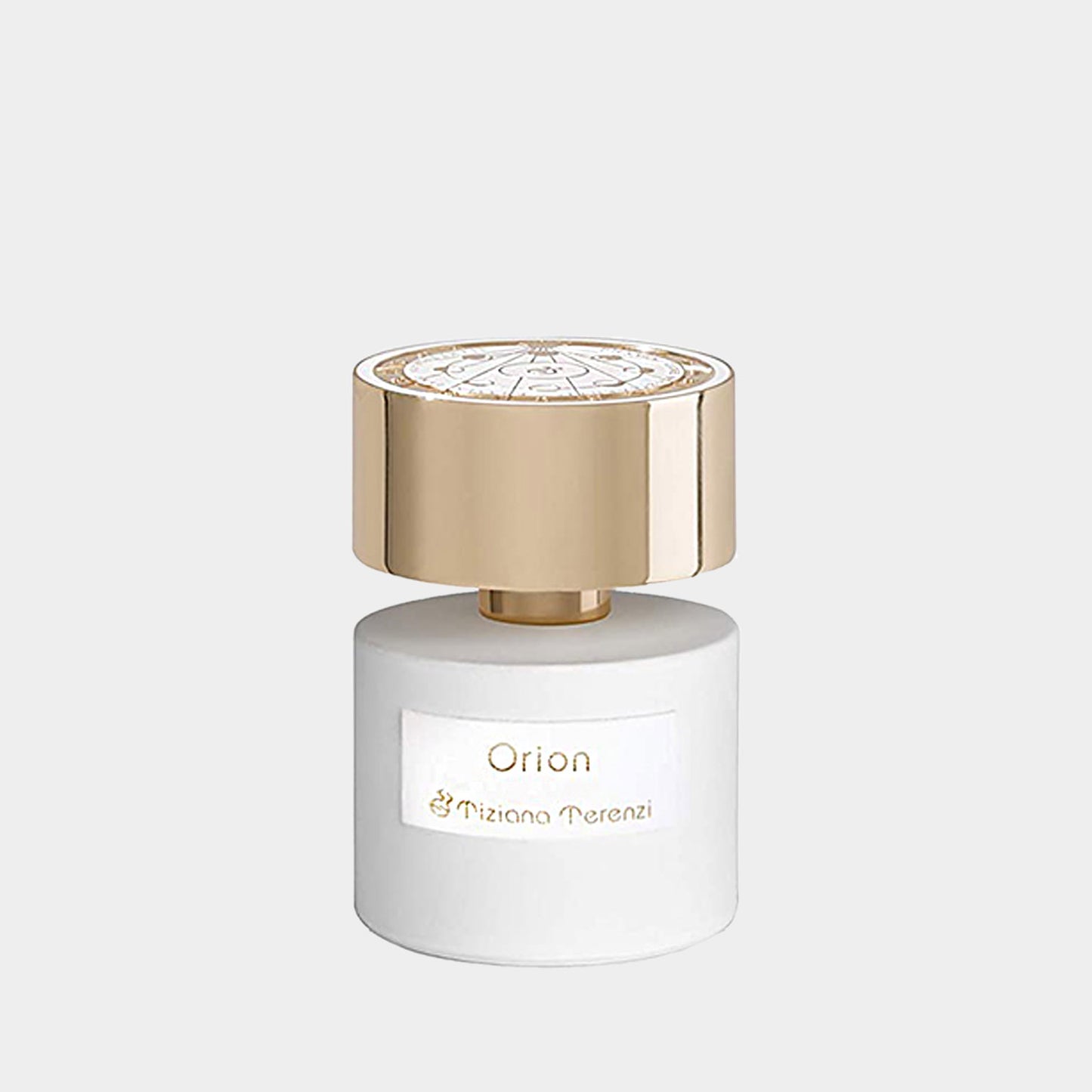Tiziana Terenzi Orion Sample, een elegant glazen parfumflesje met een gouden dop en een minimalistisch ontwerp, perfect voor op reis.