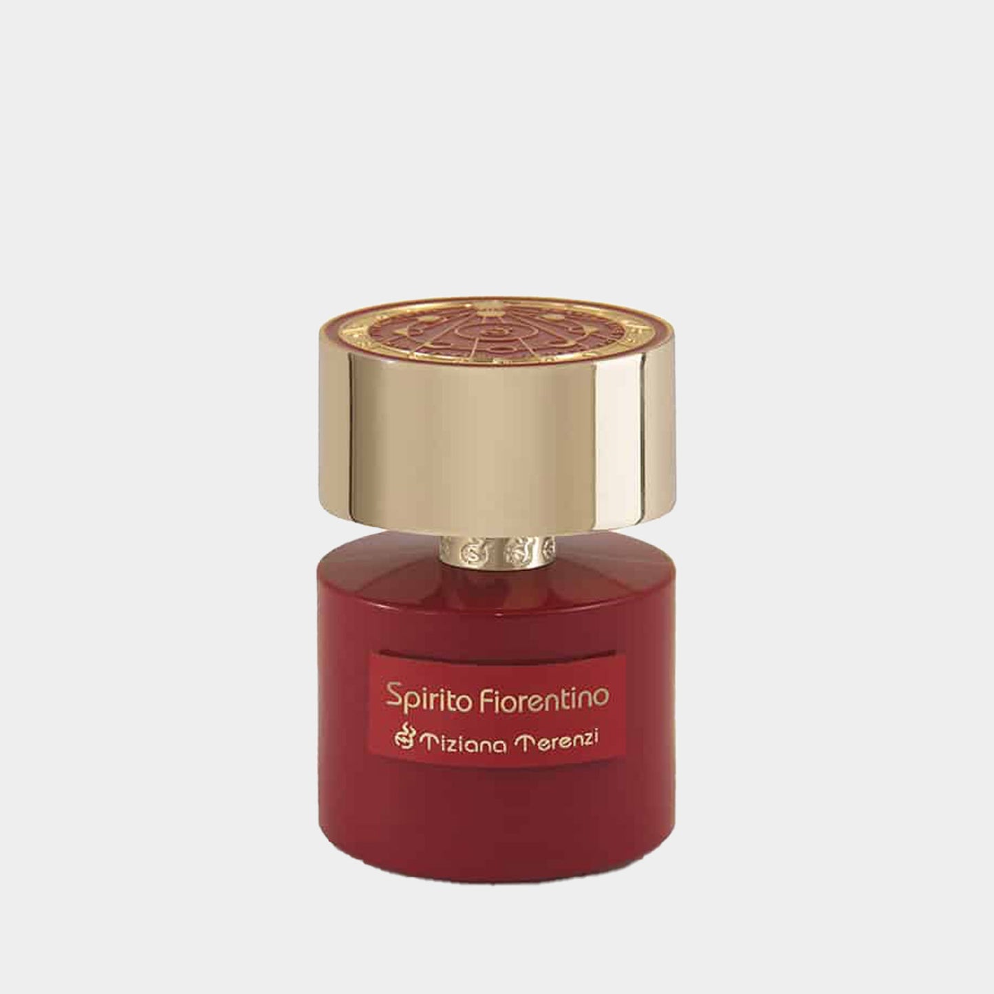 Tiziana Terenzi Spirito Fiorentino sample, een elegant parfumflesje met een opvallende gouden dop en een dieprode fles.