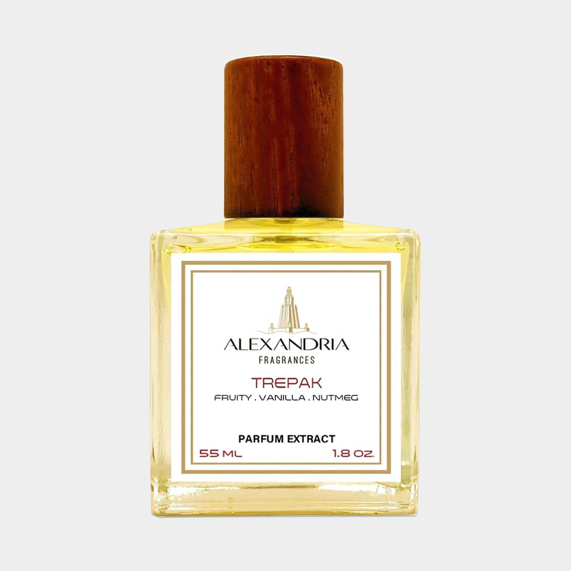 Flesje van Alexandria Fragrances Trepak Sample met een houten dop, gevuld met 55 ml parfumextract met fruitige, vanille- en nootachtige geurtonen.