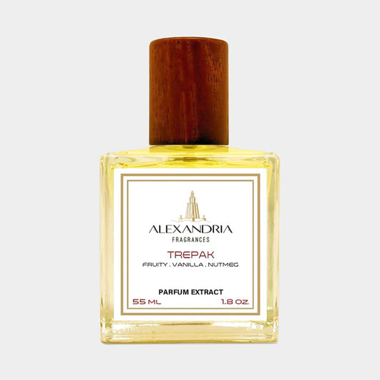 Flesje van Alexandria Fragrances Trepak Sample met een houten dop, gevuld met 55 ml parfumextract met fruitige, vanille- en nootachtige geurtonen.