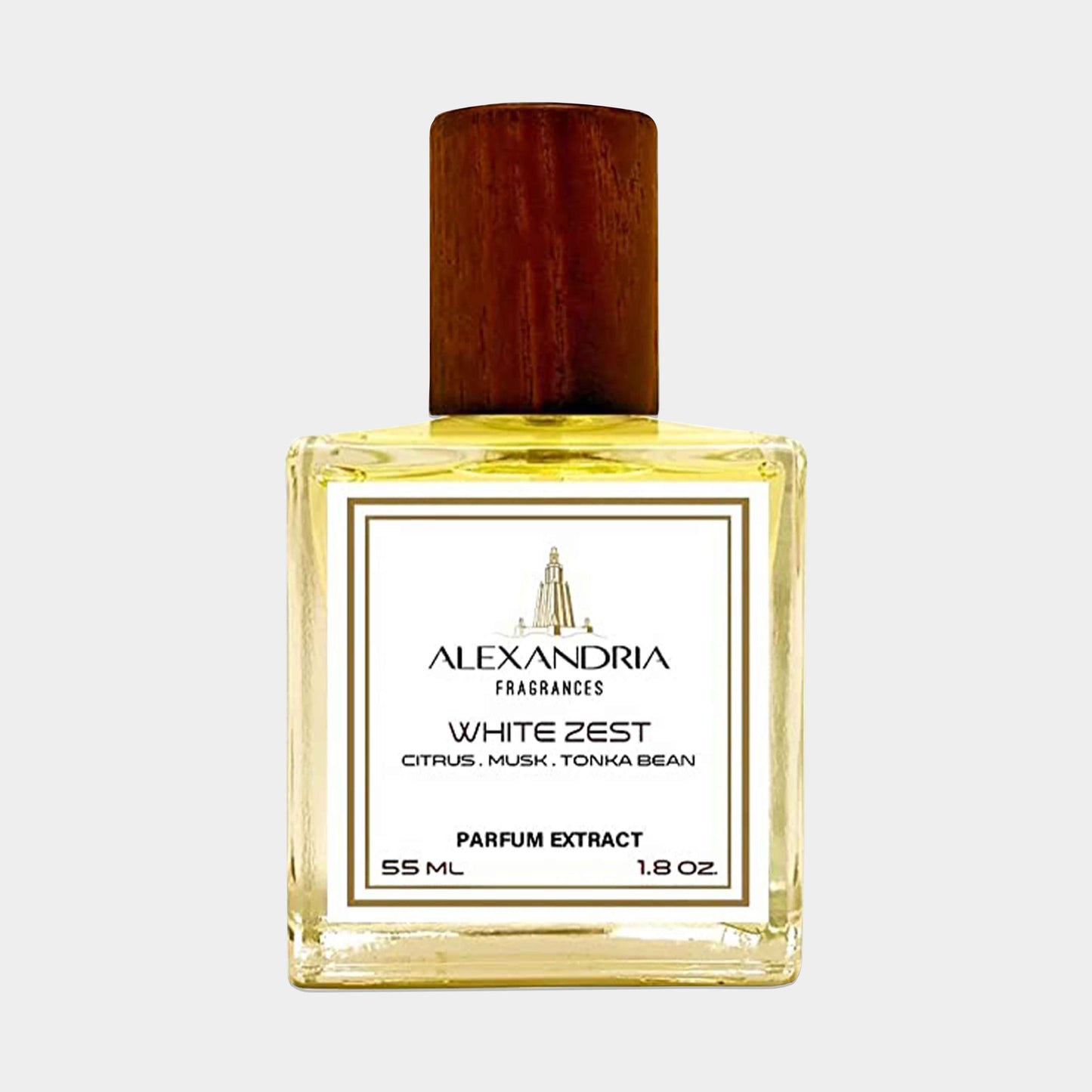 Sample van Alexandria Fragrances White Zest, een parfumextract van 55 ml met tonen van citrus, muskus en tonkaboon. De fles heeft een elegante uitstraling met een houten dop.