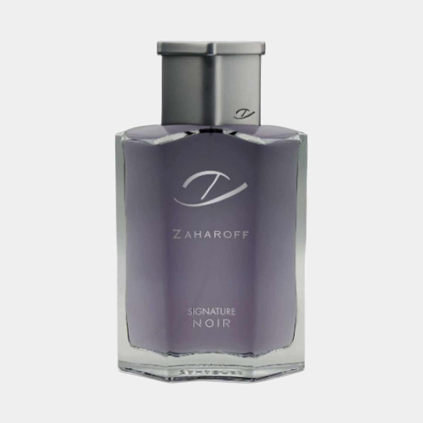 Zaharoff Signature Noir Sample, een elegante geur in een stijlvolle, vierkante fles met een grijze tint en zilveren dop.
